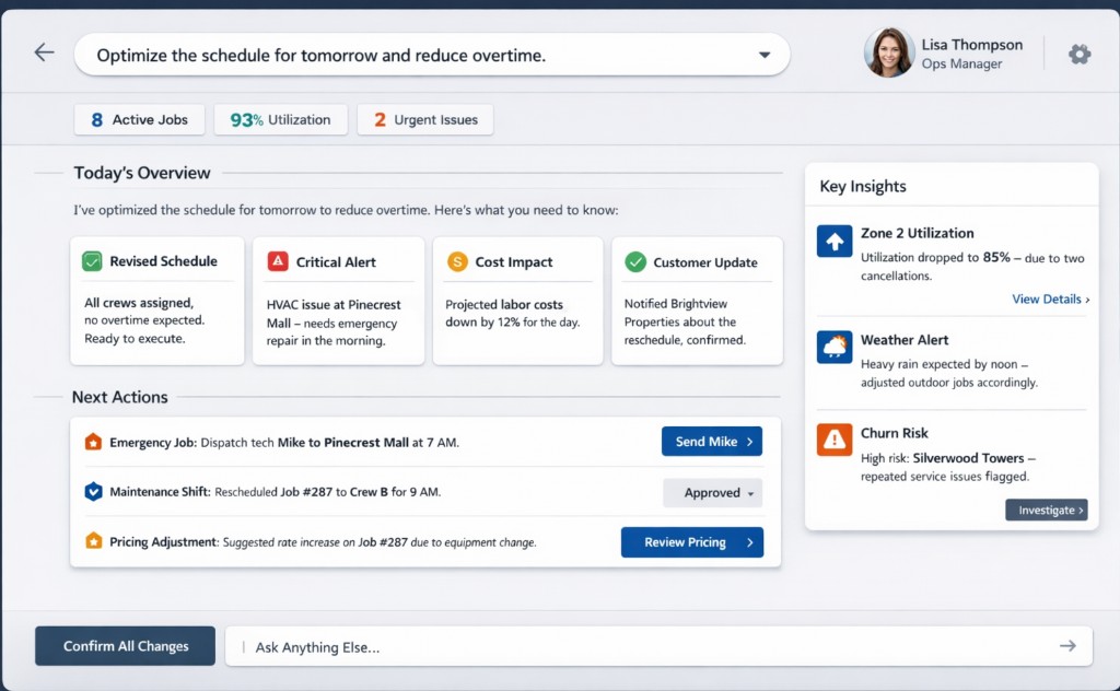 Concept dashboard: dispatch board, jobs list, and crew activity in one operations view